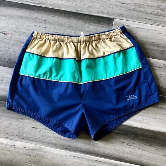 ❤️ LAST DAY Vintage 1980s Pacific Waves Color Block Swim Trunks - Picture 1 of 5